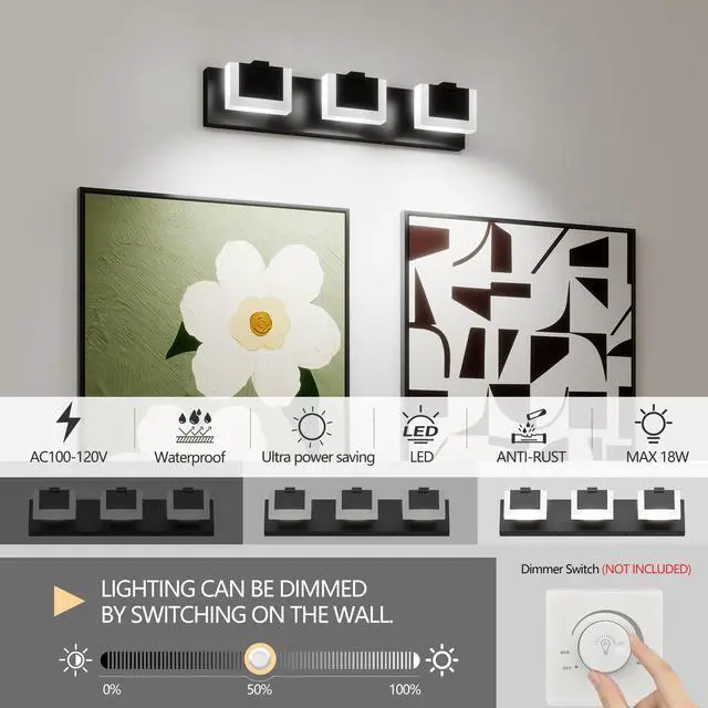 Alt view image 4 of 7 - 3 Lights Modern Black Vanity Light Up and Down Black Led Vanity Light Fixtures Bathroom Wall Light Over Mirror 6000K