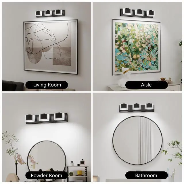 Alt view image 5 of 7 - 3 Lights Modern Black Vanity Light Up and Down Black Led Vanity Light Fixtures Bathroom Wall Light Over Mirror 6000K