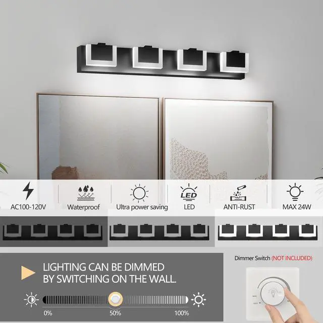 Alt view image 6 of 7 - 4 Lights Modern Black Vanity Light Up and Down Black Bathroom Lighting Fixtures Led Bathroom Wall Light Over Mirror 6000K