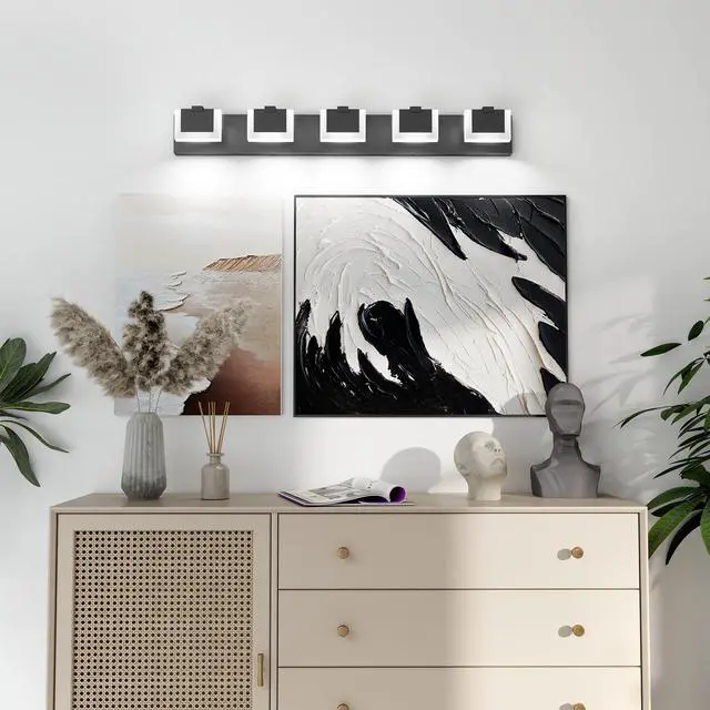 Alt view image 2 of 7 - 5 Lights Modern Black Vanity Light Up and Down Black Bathroom Lighting Fixtures Led Bathroom Wall Light Over Mirror 6000K