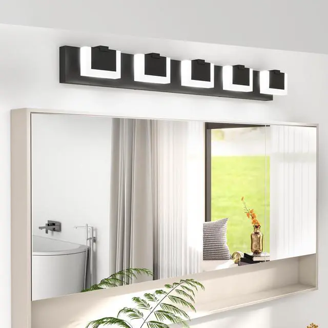 Alt view image 3 of 7 - 5 Lights Modern Black Vanity Light Up and Down Black Bathroom Lighting Fixtures Led Bathroom Wall Light Over Mirror 6000K