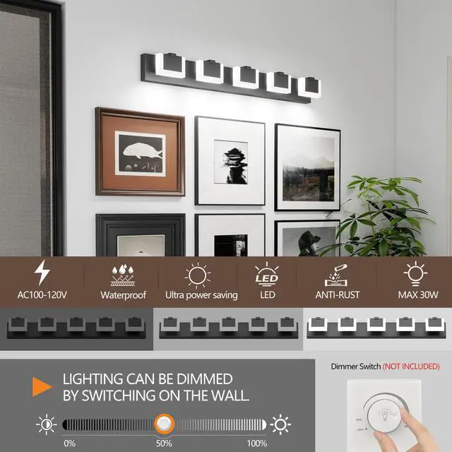 Alt view image 6 of 7 - 5 Lights Modern Black Vanity Light Up and Down Black Bathroom Lighting Fixtures Led Bathroom Wall Light Over Mirror 6000K