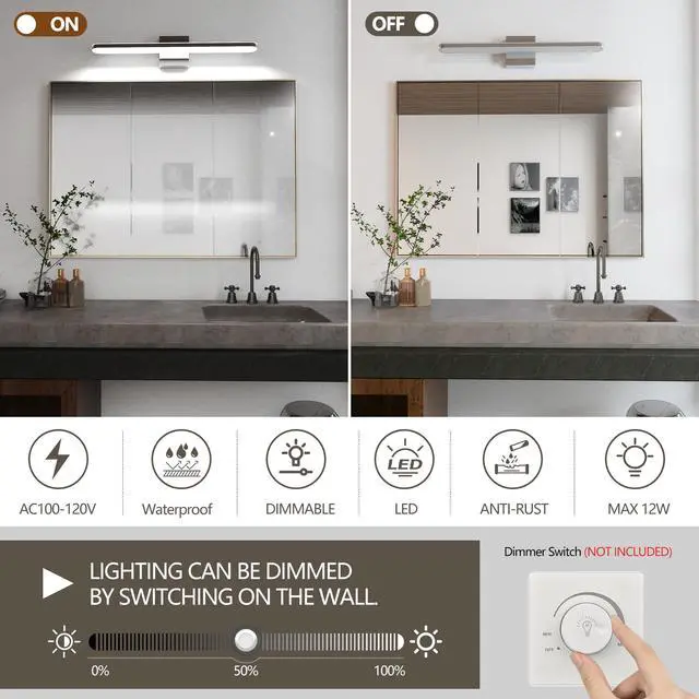 Alt view image 5 of 7 - Modern Bathroom Light Fixtures Dimmable Led Vanity Lights Chrome Lamps for Bathover Mirror 24 inch Vanity Sconces indoor 12W Bar Lighting for Bathrooms Restroom Bedroom 6000K Wall Light for Bathroom