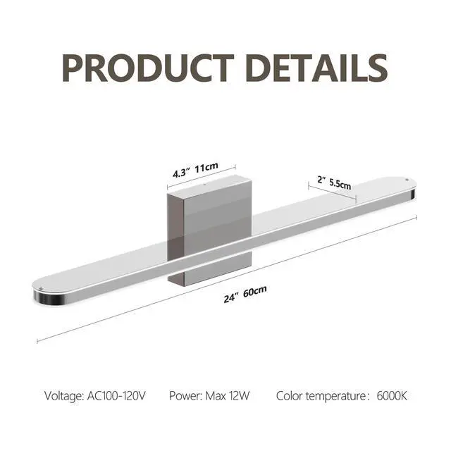 Alt view image 7 of 7 - Modern Bathroom Light Fixtures Dimmable Led Vanity Lights Chrome Lamps for Bathover Mirror 24 inch Vanity Sconces indoor 12W Bar Lighting for Bathrooms Restroom Bedroom 6000K Wall Light for Bathroom