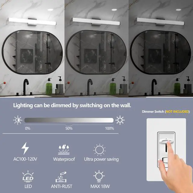 Alt view image 6 of 7 - Bathroom Vanity Light Brushed Nickel Square Led 33inch 18W 6000K Cool White Light Wall Bar Lighting Fixtures Over Mirror