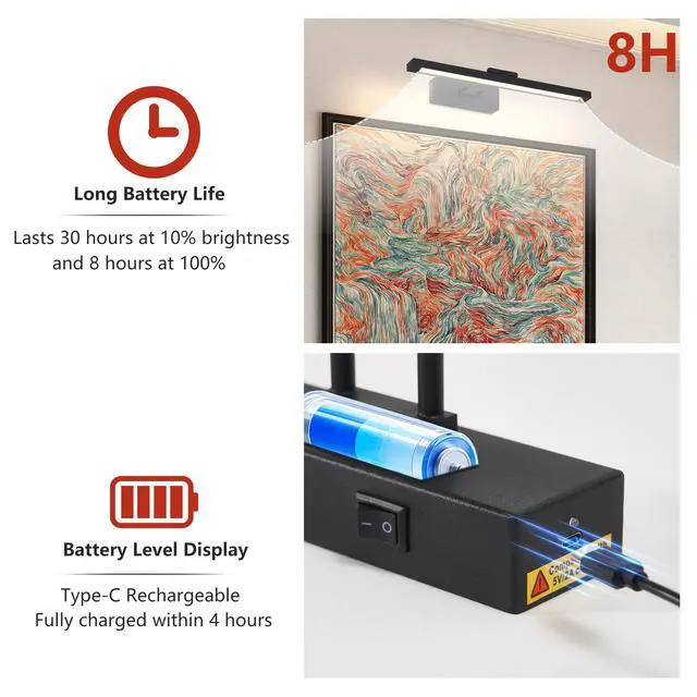 Alt view image 6 of 7 - Picture Light Battery Operated with Remote, Led Black Art Lights for Paintings Rechargeable Dimmable and Timer, 16in Wall Sconce for Art Painting Gallery Adjustable Swing Arm for Display