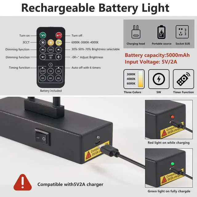 Alt view image 7 of 7 - Picture Light Battery Operated with Remote, Led Black Art Lights for Paintings Rechargeable Dimmable and Timer, 16in Wall Sconce for Art Painting Gallery Adjustable Swing Arm for Display