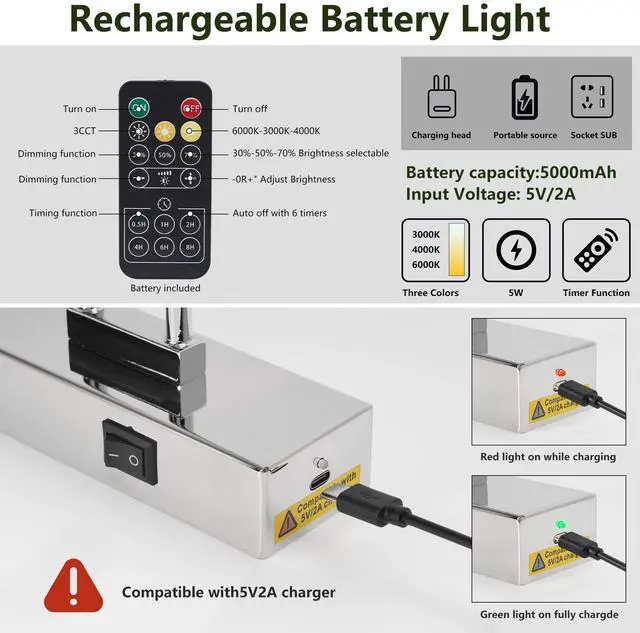 Alt view image 7 of 7 - Battery Picture Light, 16 inch Wireless Picture Light for Painting with Remote,Full Metal Rechargeable Art Light,Wall Sconce Display Lighting for Portrait, Photo Frame,Gallery, (Chrome)