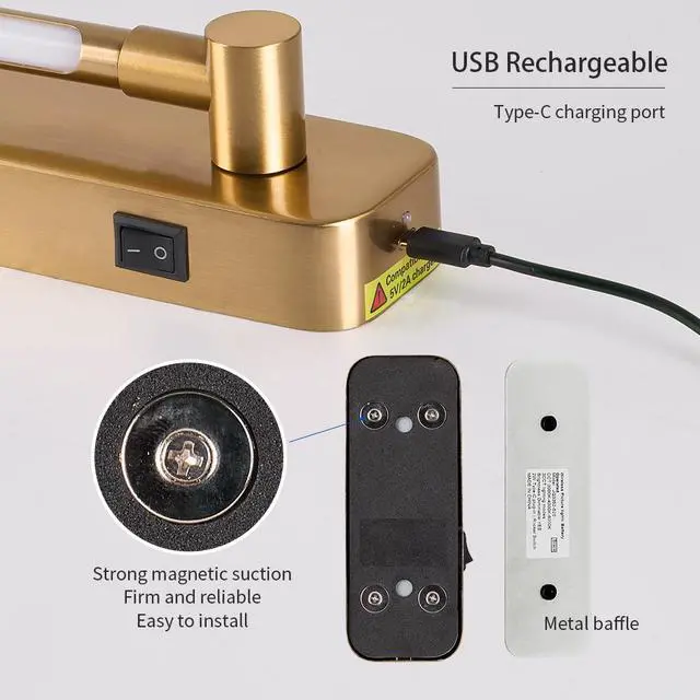Alt view image 7 of 7 - Battery Operated Wall Sconces with Remote Control,Led Rechargeable Picture Lights for Wall Wireless Led Lights for Bedroom with Magnetic Wall Light Fixtures,3Cct-Dimmable Brass Gold