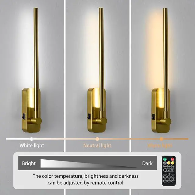 Alt view image 4 of 7 - Battery Operated Wall Sconces with Remote Control,Led Rechargeable Picture Lights for Wall Wireless Led Lights for Bedroom with Magnetic Wall Light Fixtures,3Cct-Dimmable Brass Gold