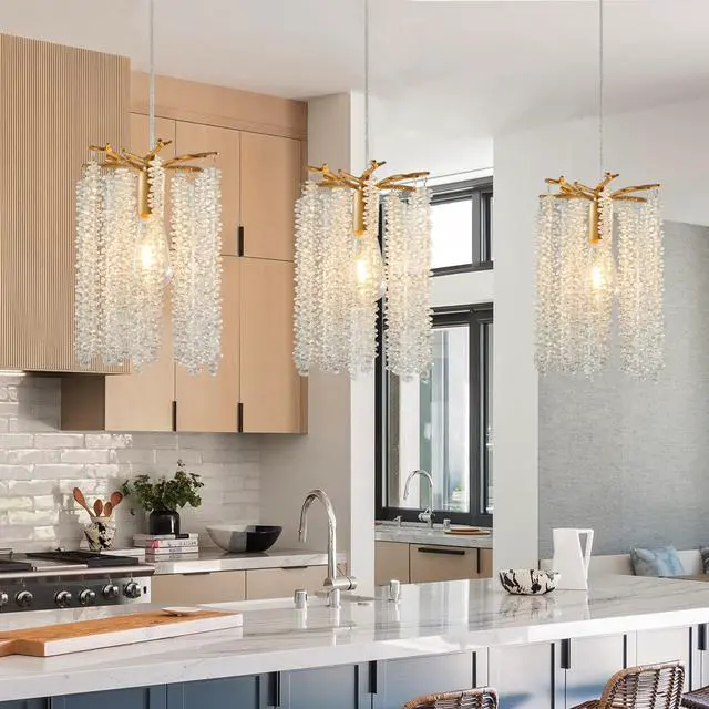 Alt view image 3 of 7 - Luxury 3-Pack Crystal Pendant Lights, Elegant Golden Finish Chandelier with Waterfall Bead Design (No Bulbs)