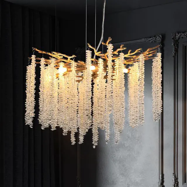 Alt view image 5 of 7 - 24-inch Modern Golden Pendant Light with Cascading Crystal Strands, Ideal for Living Room, Dining Room and Foyer, High-End Decorative Lighting Fixture (Bulb Not included)