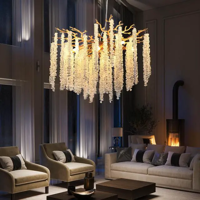 Main image of 24-inch Modern Golden Pendant Light with Cascading Crystal Strands, Ideal for Living Room, Dining Room and Foyer, High-End Decorative Lighting Fixture (Bulb Not included)