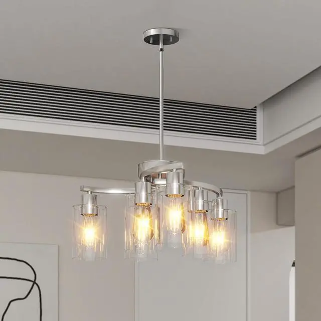 Alt view image 2 of 7 - 6-Light Brushed Nickel Chandeliers for Dining Room Light Fixtures Over Table, Adjustable Height Hanging industrial Pendant Lighting for Kitchen Island Bedroom, Clear Glass Shade