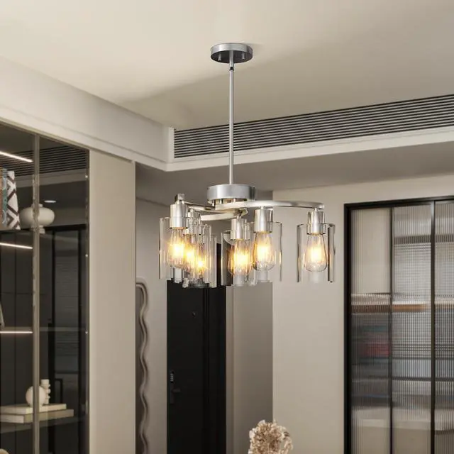 Alt view image 3 of 7 - 6-Light Brushed Nickel Chandeliers for Dining Room Light Fixtures Over Table, Adjustable Height Hanging industrial Pendant Lighting for Kitchen Island Bedroom, Clear Glass Shade