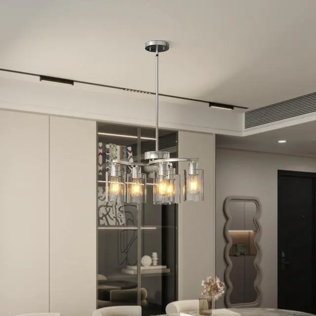 Alt view image 4 of 7 - 6-Light Brushed Nickel Chandeliers for Dining Room Light Fixtures Over Table, Adjustable Height Hanging industrial Pendant Lighting for Kitchen Island Bedroom, Clear Glass Shade