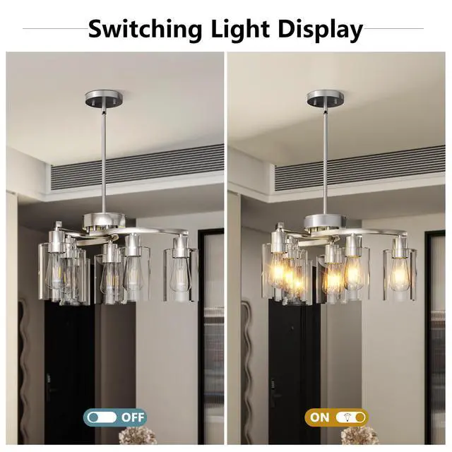 Alt view image 5 of 7 - 6-Light Brushed Nickel Chandeliers for Dining Room Light Fixtures Over Table, Adjustable Height Hanging industrial Pendant Lighting for Kitchen Island Bedroom, Clear Glass Shade