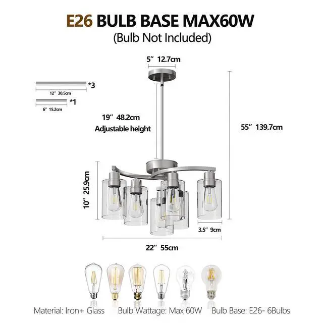 Alt view image 7 of 7 - 6-Light Brushed Nickel Chandeliers for Dining Room Light Fixtures Over Table, Adjustable Height Hanging industrial Pendant Lighting for Kitchen Island Bedroom, Clear Glass Shade