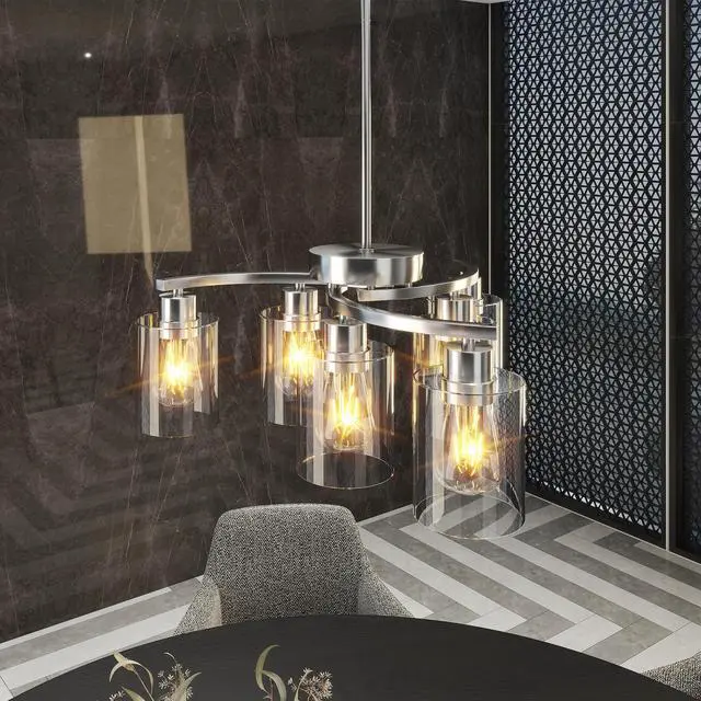 Alt view image 6 of 7 - 6-Light Brushed Nickel Chandeliers for Dining Room Light Fixtures Over Table, Adjustable Height Hanging industrial Pendant Lighting for Kitchen Island Bedroom, Clear Glass Shade