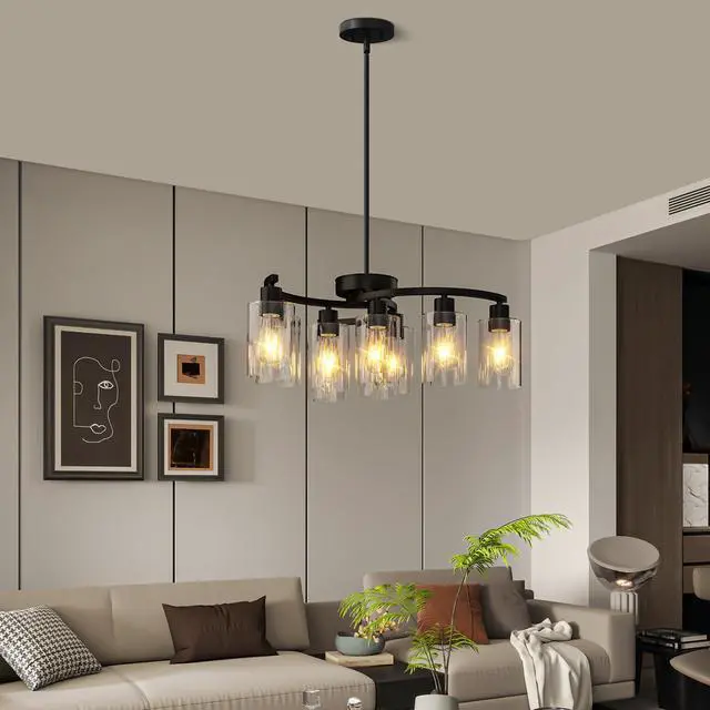 Alt view image 2 of 7 - 9-Light Black Modern Chandeliers for Dining Room, Adjustable Height Farmhouse Kitchen Island Lighting, industrial Hanging Light Fixtures for Living Room Bedroom, Clear Glass Shade