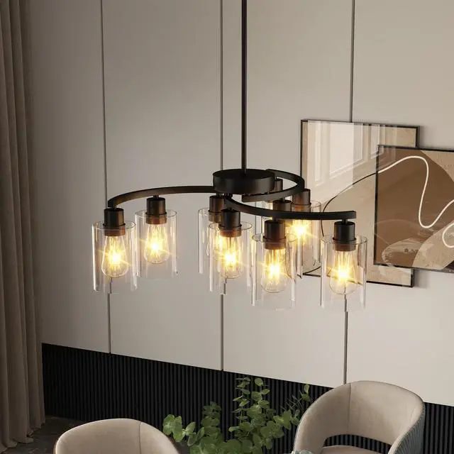 Alt view image 4 of 7 - 9-Light Black Modern Chandeliers for Dining Room, Adjustable Height Farmhouse Kitchen Island Lighting, industrial Hanging Light Fixtures for Living Room Bedroom, Clear Glass Shade