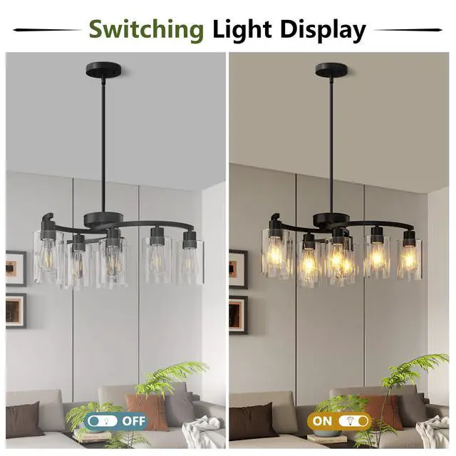 Alt view image 6 of 7 - 9-Light Black Modern Chandeliers for Dining Room, Adjustable Height Farmhouse Kitchen Island Lighting, industrial Hanging Light Fixtures for Living Room Bedroom, Clear Glass Shade