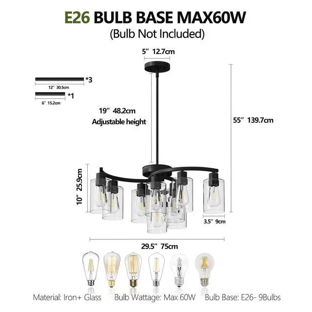 Alt view image 7 of 7 - 9-Light Black Modern Chandeliers for Dining Room, Adjustable Height Farmhouse Kitchen Island Lighting, industrial Hanging Light Fixtures for Living Room Bedroom, Clear Glass Shade