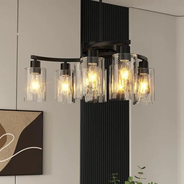 Alt view image 3 of 7 - 9-Light Black Modern Chandeliers for Dining Room, Adjustable Height Farmhouse Kitchen Island Lighting, industrial Hanging Light Fixtures for Living Room Bedroom, Clear Glass Shade