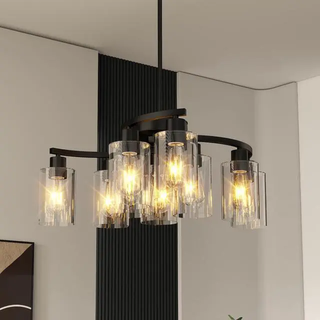 Alt view image 5 of 7 - 9-Light Black Modern Chandeliers for Dining Room, Adjustable Height Farmhouse Kitchen Island Lighting, industrial Hanging Light Fixtures for Living Room Bedroom, Clear Glass Shade