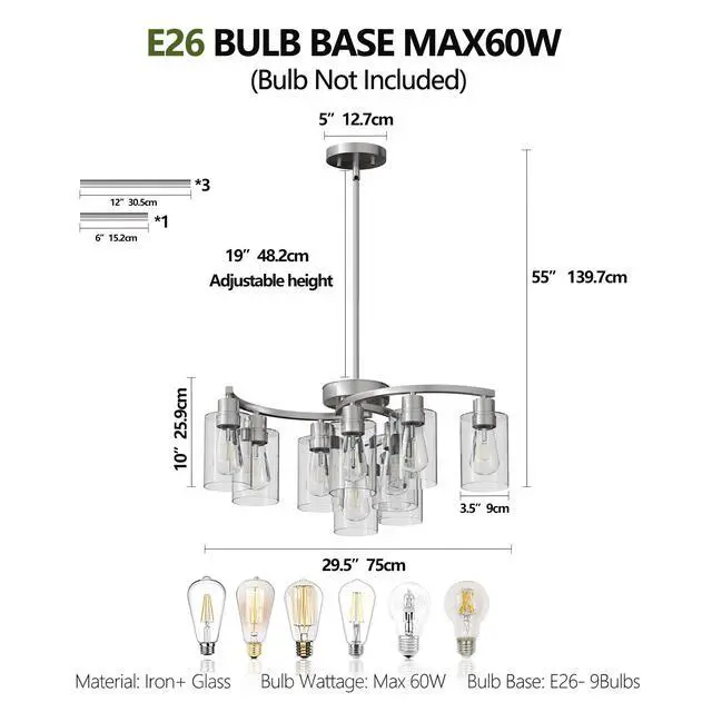 Alt view image 7 of 7 - 9-Light Brushed Nickel Glass Chandelier, Adjustable Height Hanging industrial Dining Room Chandelier Over Table, Modern Farmhouse Chandelier for Kitchen Island Living Room Entryway Bedroom