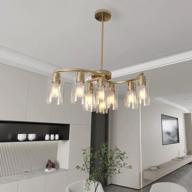Main image of 9-Light Gold Glass Chandelier, Adjustable Height Dining Room Light Fixtures Over Table, Contemporary Hanging Chandelier for Kitchen Island Living Room Foyer Office, Clear Glass Shade