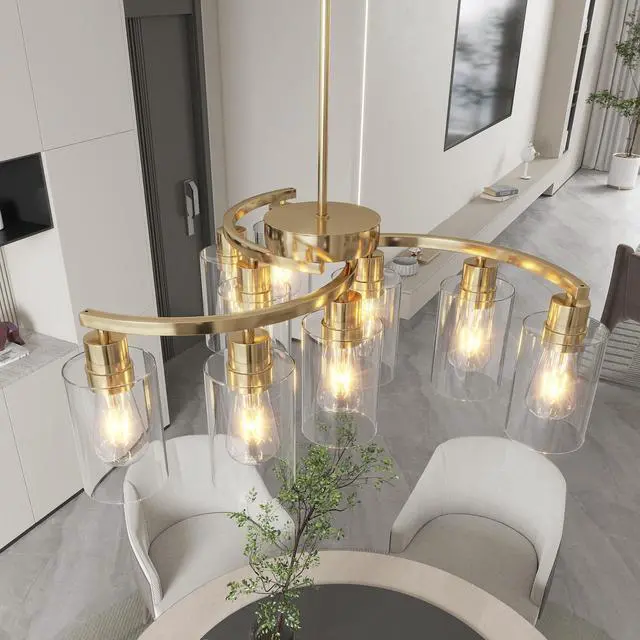 Alt view image 3 of 7 - 9-Light Gold Glass Chandelier, Adjustable Height Dining Room Light Fixtures Over Table, Contemporary Hanging Chandelier for Kitchen Island Living Room Foyer Office, Clear Glass Shade