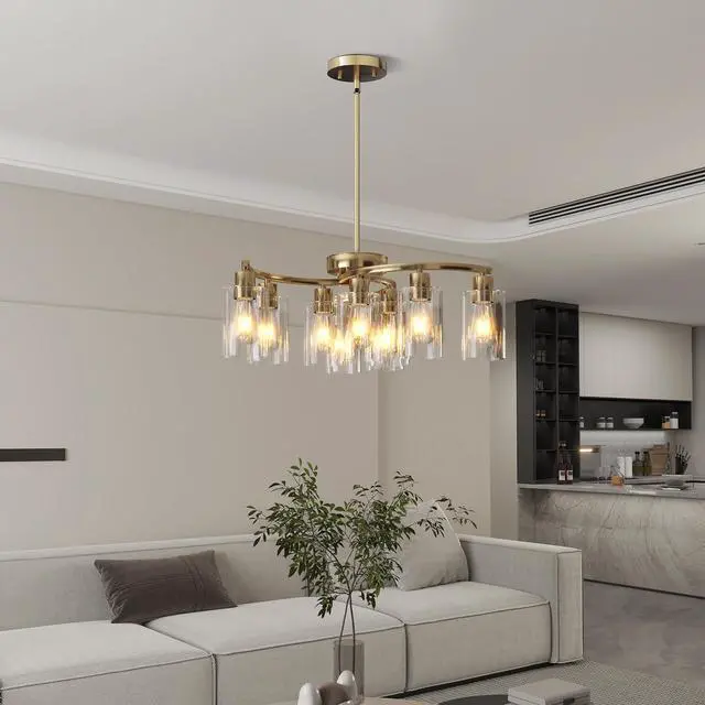 Alt view image 2 of 7 - 9-Light Gold Glass Chandelier, Adjustable Height Dining Room Light Fixtures Over Table, Contemporary Hanging Chandelier for Kitchen Island Living Room Foyer Office, Clear Glass Shade