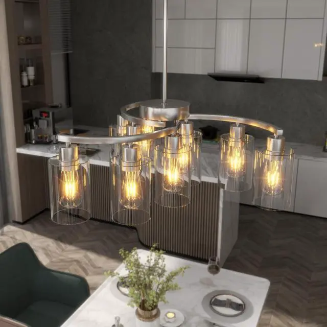 Alt view image 4 of 7 - 9-Light Brushed Nickel Glass Chandelier, Adjustable Height Hanging industrial Dining Room Chandelier Over Table, Modern Farmhouse Chandelier for Kitchen Island Living Room Entryway Bedroom