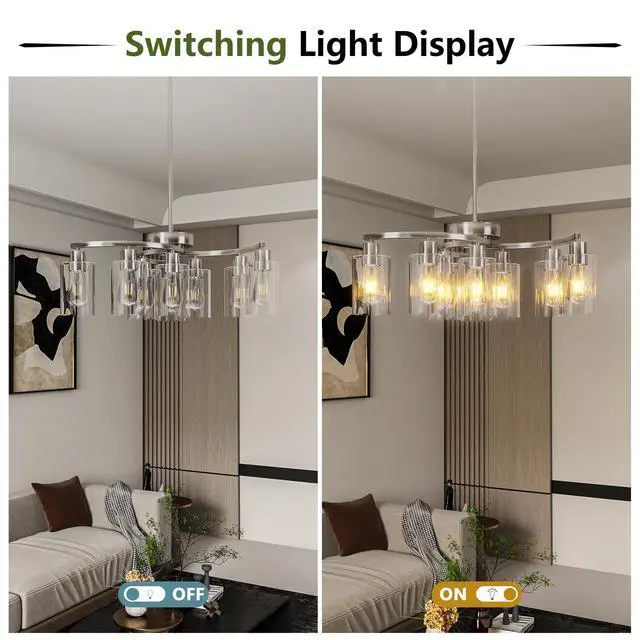 Alt view image 2 of 7 - 9-Light Brushed Nickel Glass Chandelier, Adjustable Height Hanging industrial Dining Room Chandelier Over Table, Modern Farmhouse Chandelier for Kitchen Island Living Room Entryway Bedroom