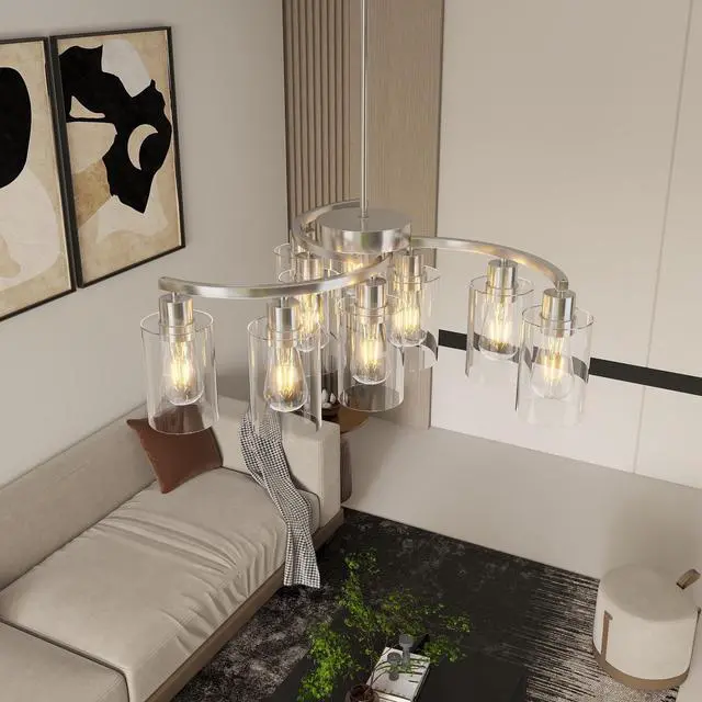 Alt view image 5 of 7 - 9-Light Brushed Nickel Glass Chandelier, Adjustable Height Hanging industrial Dining Room Chandelier Over Table, Modern Farmhouse Chandelier for Kitchen Island Living Room Entryway Bedroom