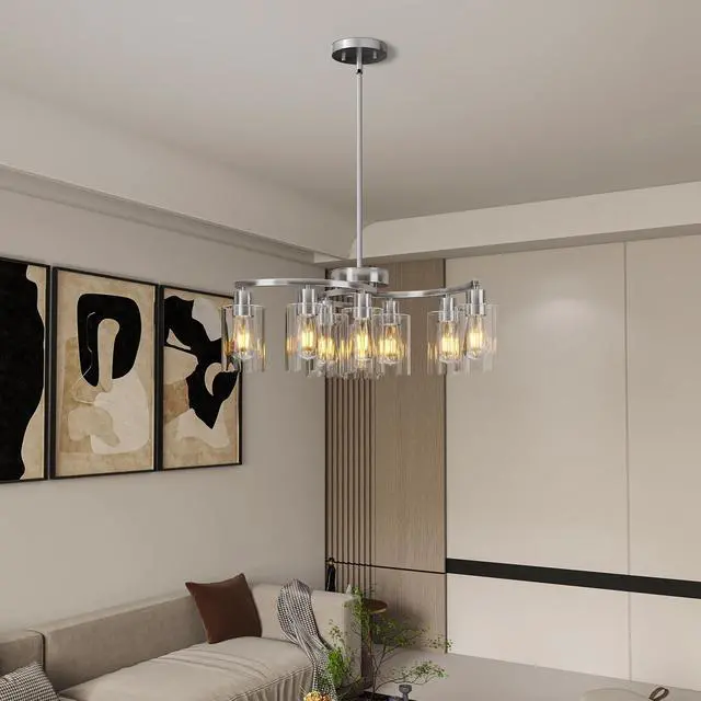 Alt view image 3 of 7 - 9-Light Brushed Nickel Glass Chandelier, Adjustable Height Hanging industrial Dining Room Chandelier Over Table, Modern Farmhouse Chandelier for Kitchen Island Living Room Entryway Bedroom