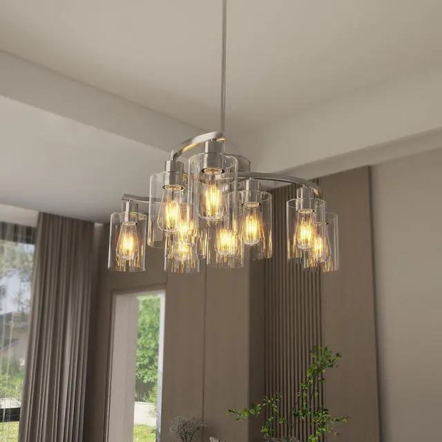 Alt view image 6 of 7 - 9-Light Brushed Nickel Glass Chandelier, Adjustable Height Hanging industrial Dining Room Chandelier Over Table, Modern Farmhouse Chandelier for Kitchen Island Living Room Entryway Bedroom