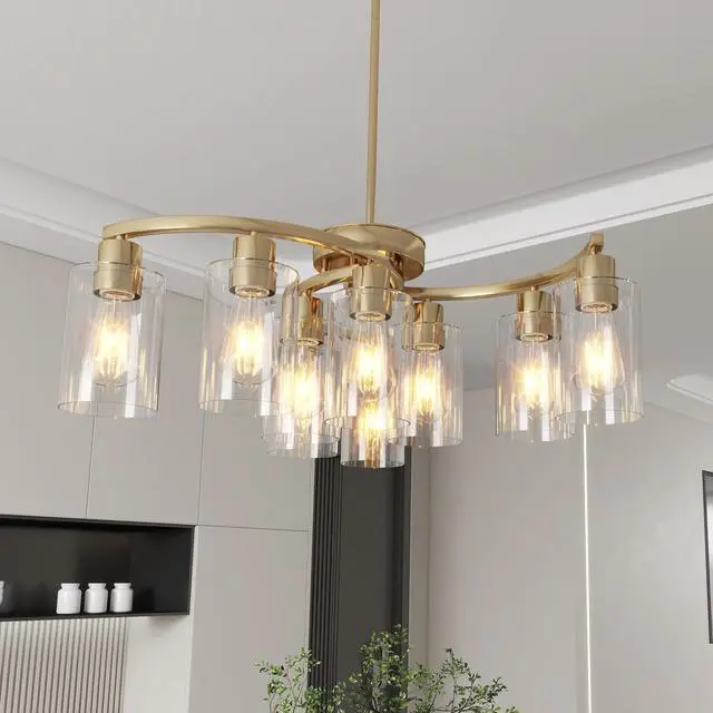 Alt view image 4 of 7 - 9-Light Gold Glass Chandelier, Adjustable Height Dining Room Light Fixtures Over Table, Contemporary Hanging Chandelier for Kitchen Island Living Room Foyer Office, Clear Glass Shade