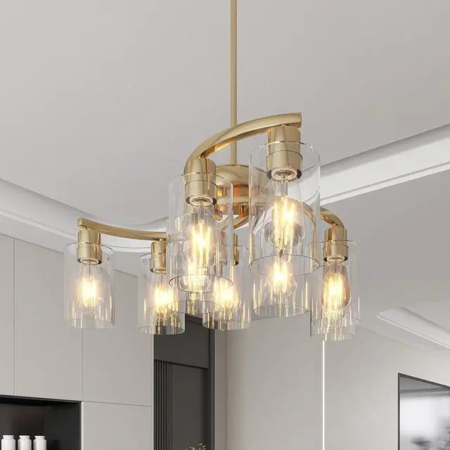 Alt view image 5 of 7 - 9-Light Gold Glass Chandelier, Adjustable Height Dining Room Light Fixtures Over Table, Contemporary Hanging Chandelier for Kitchen Island Living Room Foyer Office, Clear Glass Shade