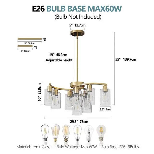 Alt view image 7 of 7 - 9-Light Gold Glass Chandelier, Adjustable Height Dining Room Light Fixtures Over Table, Contemporary Hanging Chandelier for Kitchen Island Living Room Foyer Office, Clear Glass Shade