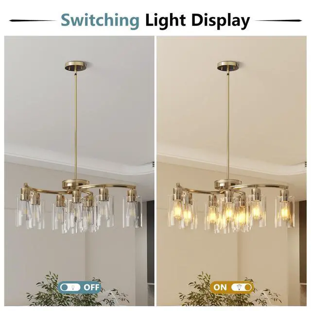 Alt view image 6 of 7 - 9-Light Gold Glass Chandelier, Adjustable Height Dining Room Light Fixtures Over Table, Contemporary Hanging Chandelier for Kitchen Island Living Room Foyer Office, Clear Glass Shade