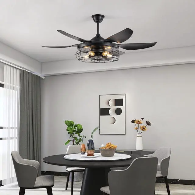 Alt view image 3 of 7 - 52" Modern Black Ceiling Fan with Light, 6 Fan Blades and industrial Cage Design, Adjustable Speed for Living Room, Bedroom, Dining Room (Silent/6-Speed/Reversible/Dc Motor) (Bulb Not included)