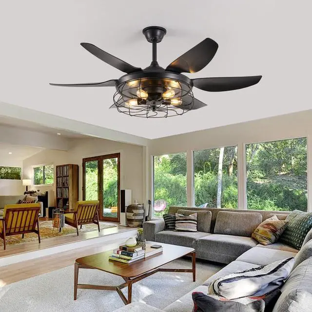 Main image of 52" Modern Black Ceiling Fan with Light, 6 Fan Blades and industrial Cage Design, Adjustable Speed for Living Room, Bedroom, Dining Room (Silent/6-Speed/Reversible/Dc Motor) (Bulb Not included)