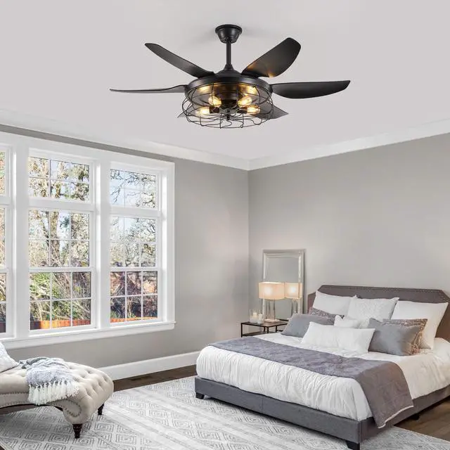 Alt view image 2 of 7 - 52" Modern Black Ceiling Fan with Light, 6 Fan Blades and industrial Cage Design, Adjustable Speed for Living Room, Bedroom, Dining Room (Silent/6-Speed/Reversible/Dc Motor) (Bulb Not included)