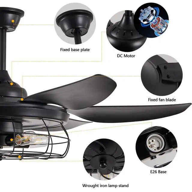 Alt view image 6 of 7 - 52" Modern Black Ceiling Fan with Light, 6 Fan Blades and industrial Cage Design, Adjustable Speed for Living Room, Bedroom, Dining Room (Silent/6-Speed/Reversible/Dc Motor) (Bulb Not included)