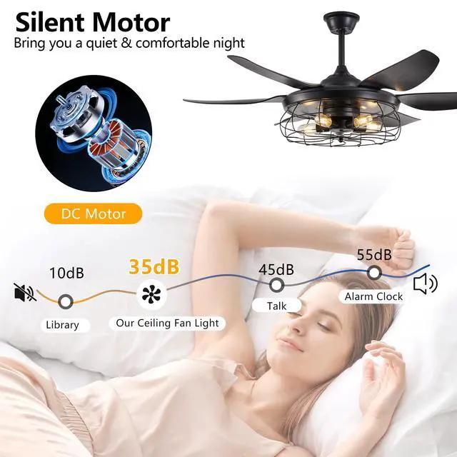 Alt view image 7 of 7 - 52" Modern Black Ceiling Fan with Light, 6 Fan Blades and industrial Cage Design, Adjustable Speed for Living Room, Bedroom, Dining Room (Silent/6-Speed/Reversible/Dc Motor) (Bulb Not included)