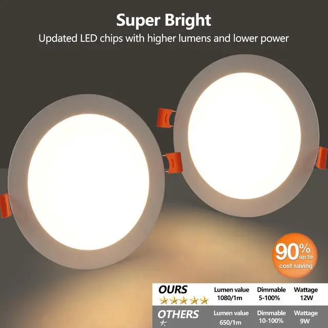 Alt view image 3 of 7 - 6 inch Led Recessed Ceiling Lights, 12-Pack Ultra-Thin with Junction Box, 5 Color Temperature Options 2700K-5000K, 12W 1080Lm Dimmable Canless Downlight, Etl Listed for Home and Commercial Use