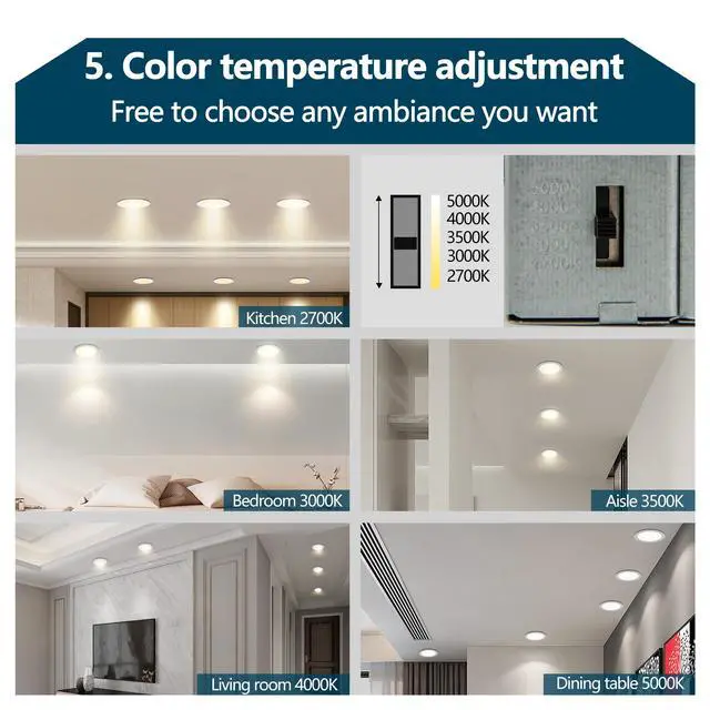 Alt view image 5 of 7 - 6 inch Led Recessed Ceiling Lights, 12-Pack Ultra-Thin with Junction Box, 5 Color Temperature Options 2700K-5000K, 12W 1080Lm Dimmable Canless Downlight, Etl Listed for Home and Commercial Use