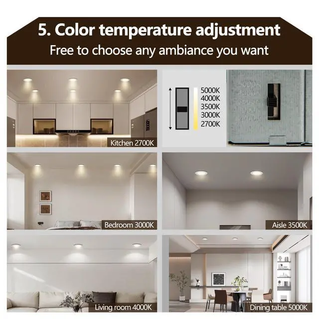 Alt view image 4 of 7 - 12-Pack 4 inch Ultra-Thin Led Recessed Ceiling Light with Junction Box, 2700K-5000K Dimmable Color Changing Downlight, 9W 810Lm, Easy install, Ideal for Kitchen, Bedroom, Basement